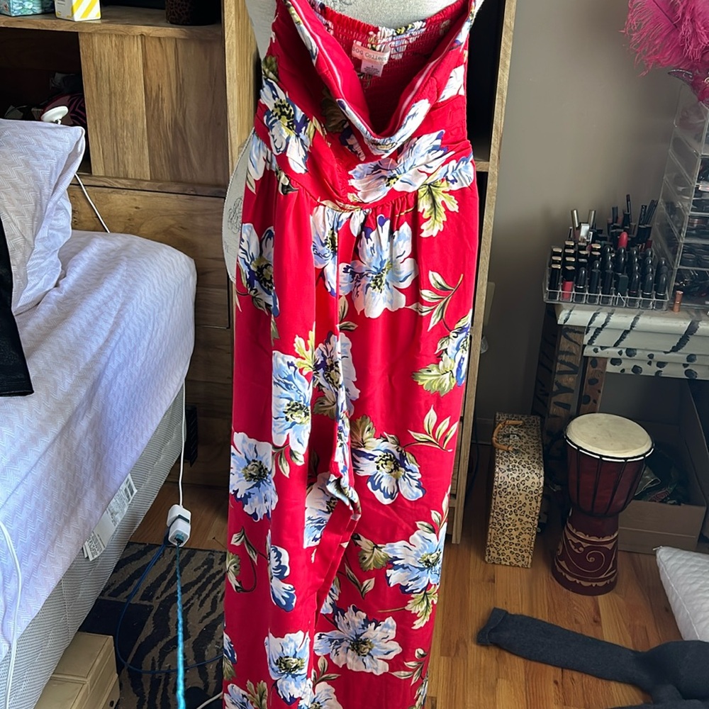 BOG Collective Red Strapless Floral Jumpsuit - Small
